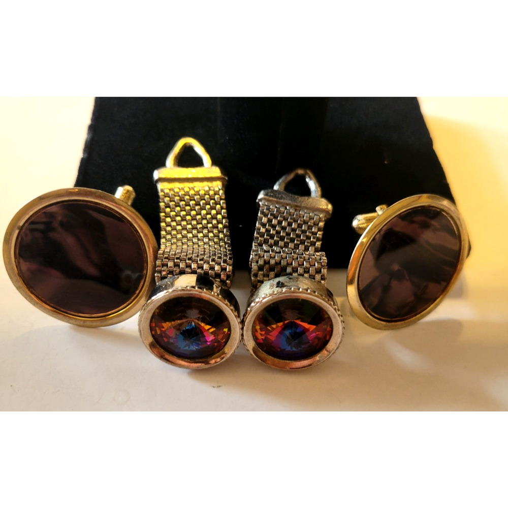 Lot of 2 Pair‎ Vintage Estate Cufflinks Gold Tone Purple Gemstone Jewelry